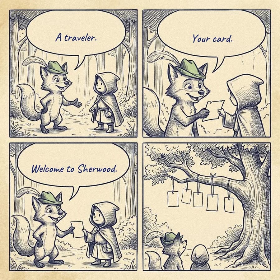 Four panel comic: the fox gives a traveller a card, the card is hung on the oak